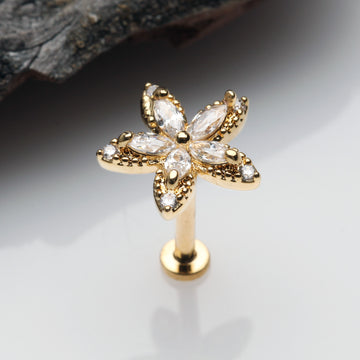 Detail View 1 of Golden Marquise Sparkle Spring Flower Internally Threaded Labret-Clear Gem